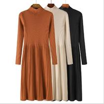 New knitted dress half high neck solid color slim mid-length sweater dress base women