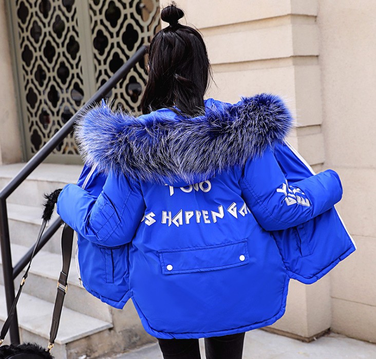 羽绒服棉服女中长款时尚加厚大毛领图案修身棉衣