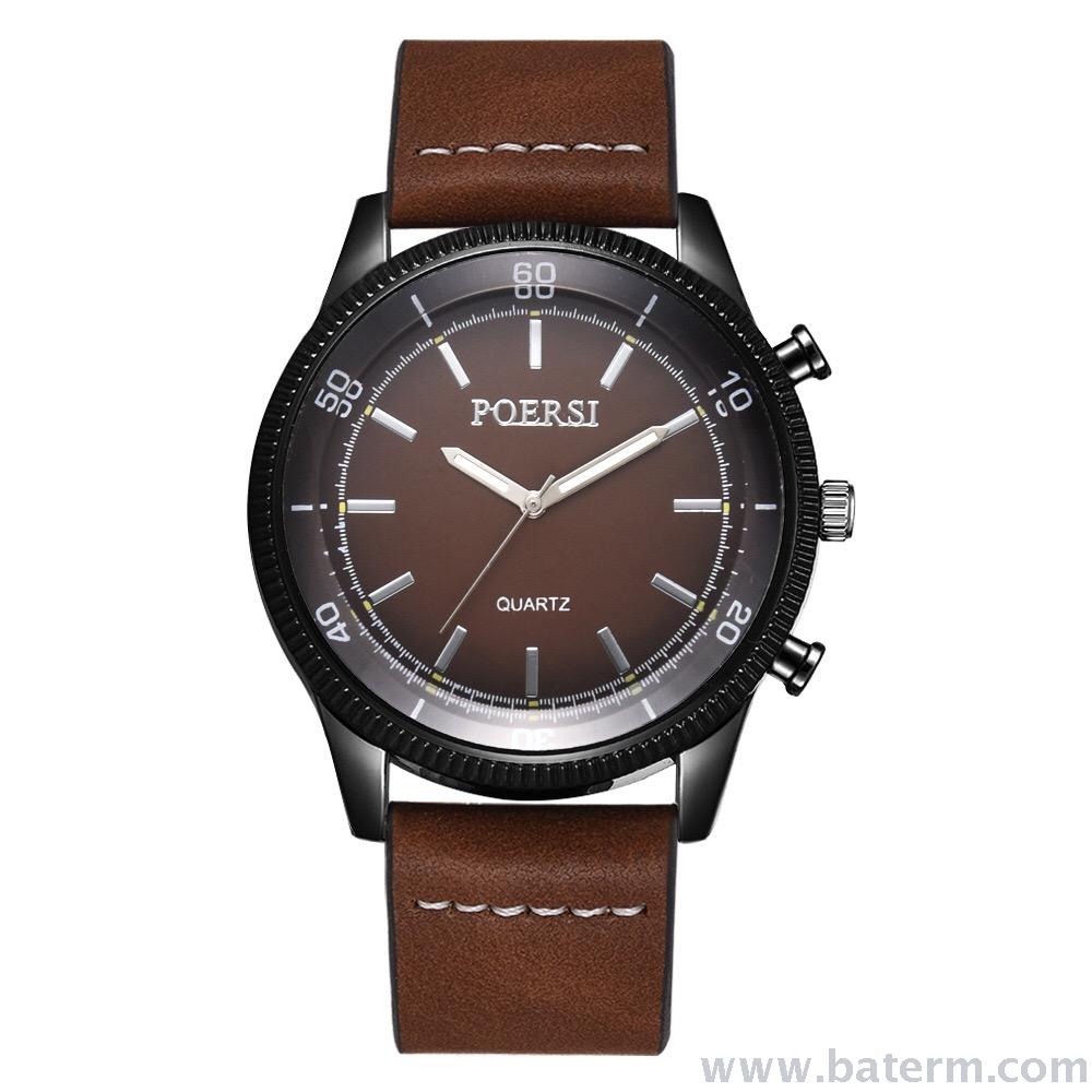 New fashionable and trendy gun black round striped leather strap men's watch, casual student watch 7 details Picture