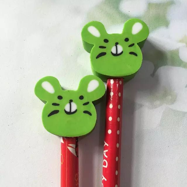 A series of erasers with a cartoon pen cap thumbnail
