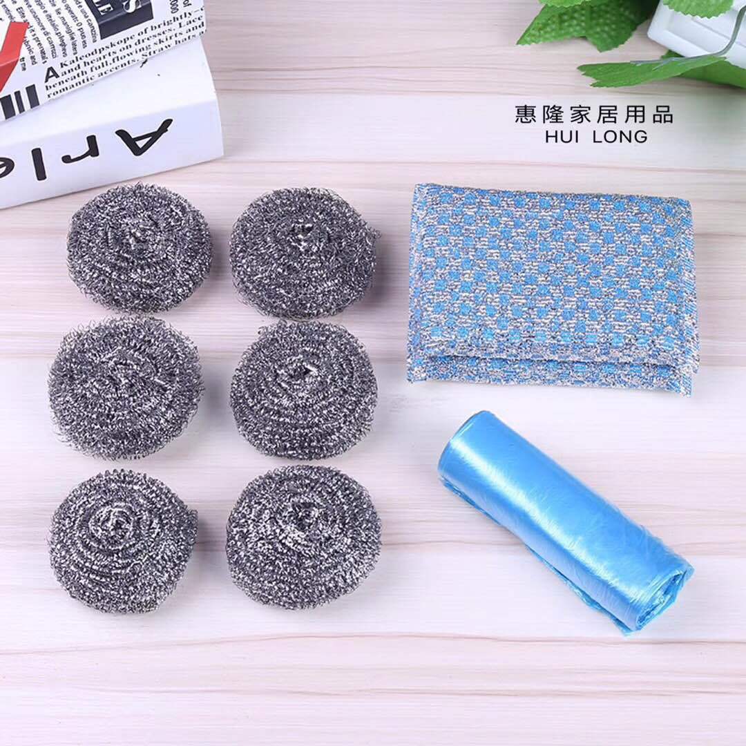 钢丝球洗碗巾垃圾袋组合清洁套装创意厨房清洁球双面去污三件套产品图