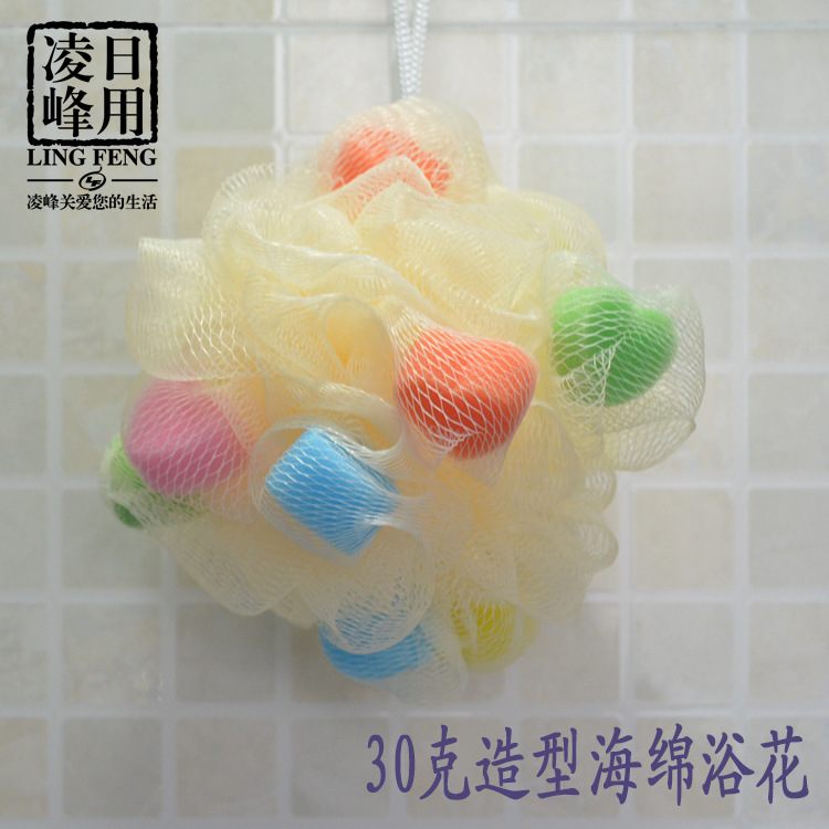 韩国彩色爱心梅花丝网海绵洗浴球 加大清洁沐浴球浴花批发30克
