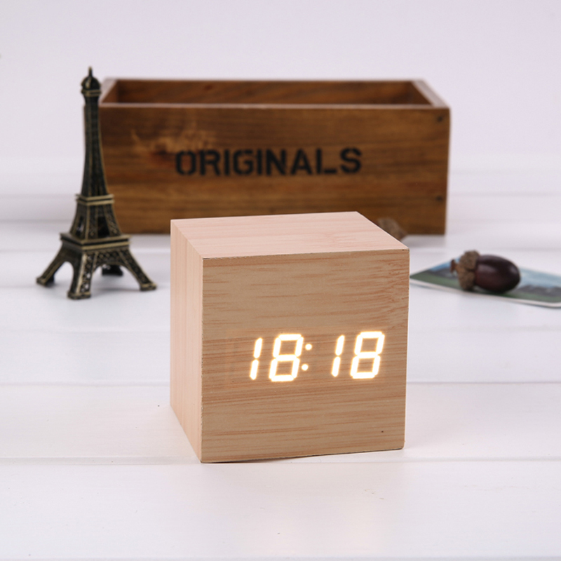 木头钟创意闹钟声控木质时钟led电子钟细节图
