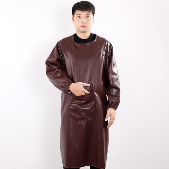 加长加大防水围裙 皮质防油防水长袖罩衣 皮革反穿衣 男士皮罩衣