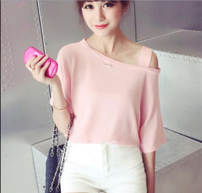 大码女装性感个性斜露肩吊带上衣服宽松甜美半袖T恤产品图