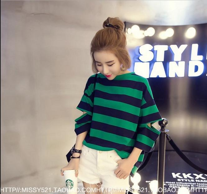 Korean-style slimming striped loose and versatile pullover, round-neck open-top 5-quarter sleeve T-shirt Specification image