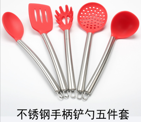 Stainless steel spatula, food-grade silicone kitchenware set, soup spoon, pot spatula set, five-piece set Application Scenario
