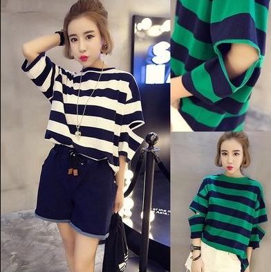 Korean-style slimming striped loose and versatile pullover, round-neck open-top 5-quarter sleeve T-shirt