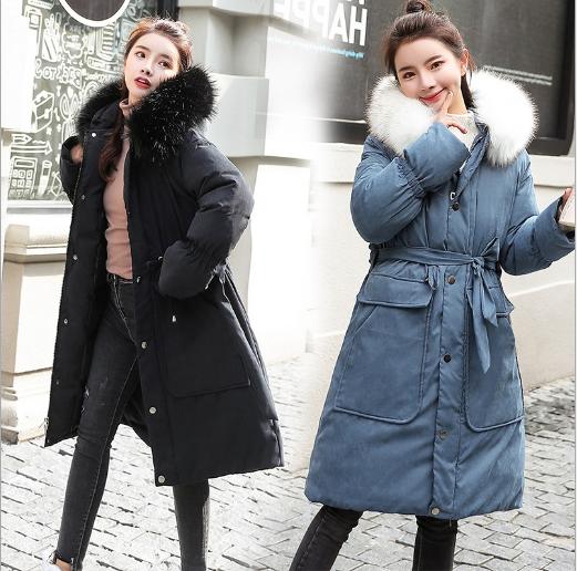 Medium length large fur collar peach fur padded jacket for women plus size loose pocket padded jacket