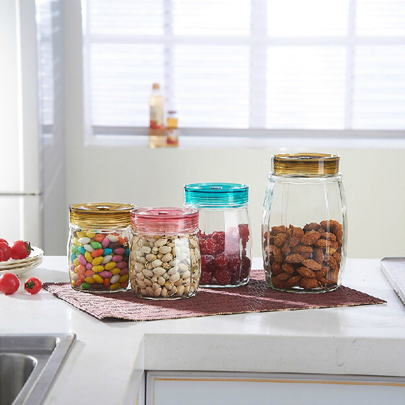 义乌好货 中号圆形玻璃密封罐 装干果罐子彩色透明厨房储存罐图