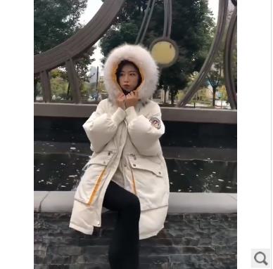 Down padded jacket women's medium long big hair collar thin and thick Harajuku padded jacket