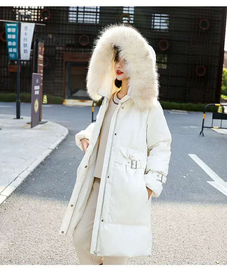 白色加厚中长款羽绒棉服时尚过膝大毛领保暖外套产品图