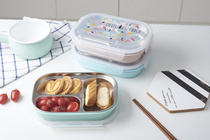 Rectangular stainless steel bento box three-compartment microwave oven student lunch box rectangular divided lunch box set