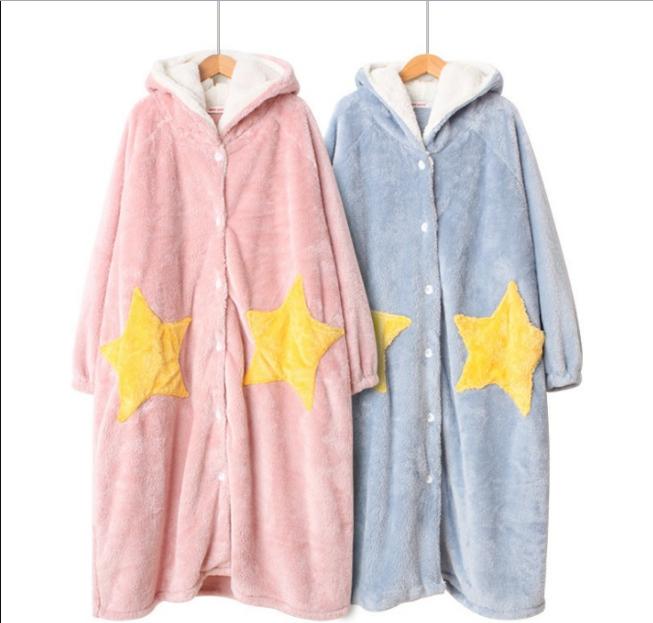 Starlight bathrobe flannel loose long style with hat, sweet and cute coral fleece cartoon home wear
