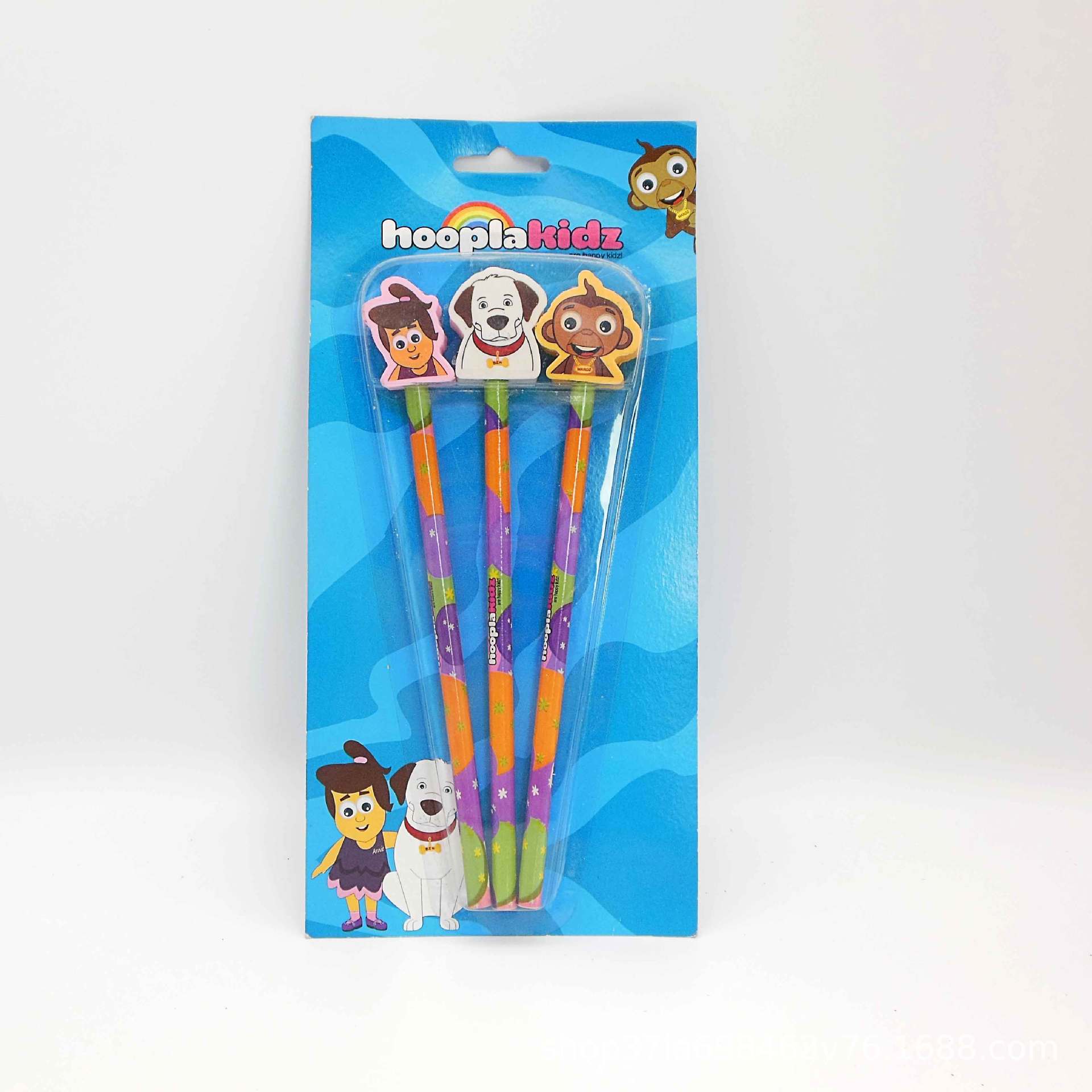 三支 hooplakidz图案热转印橡皮铅笔文具套装学习用品