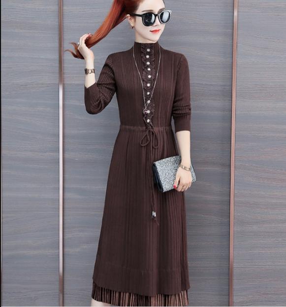 A knee-length drawstring waist-cinching knitted dress with a long semi-high neck pullover sweater and long sleeves for women