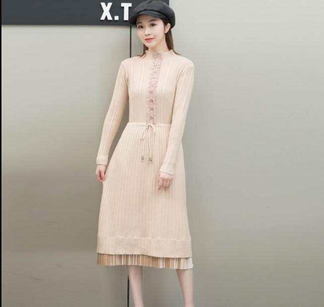 A knee-length drawstring waist-cinching knitted dress with a long semi-high neck pullover sweater and long sleeves for women Specification image