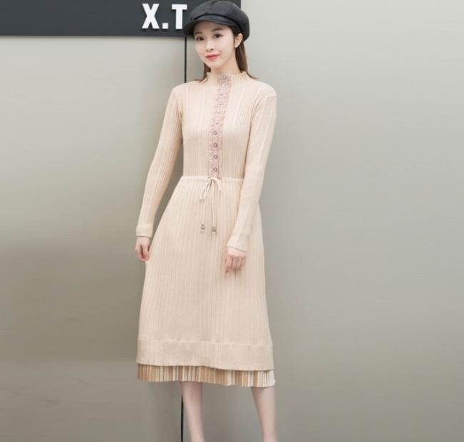 A knee-length drawstring waist-cinching knitted dress with a long semi-high neck pullover sweater and long sleeves for women Specification image