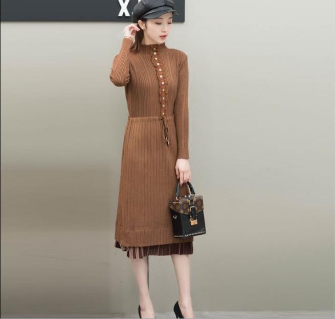 A knee-length drawstring waist-cinching knitted dress with a long semi-high neck pullover sweater and long sleeves for women details Picture