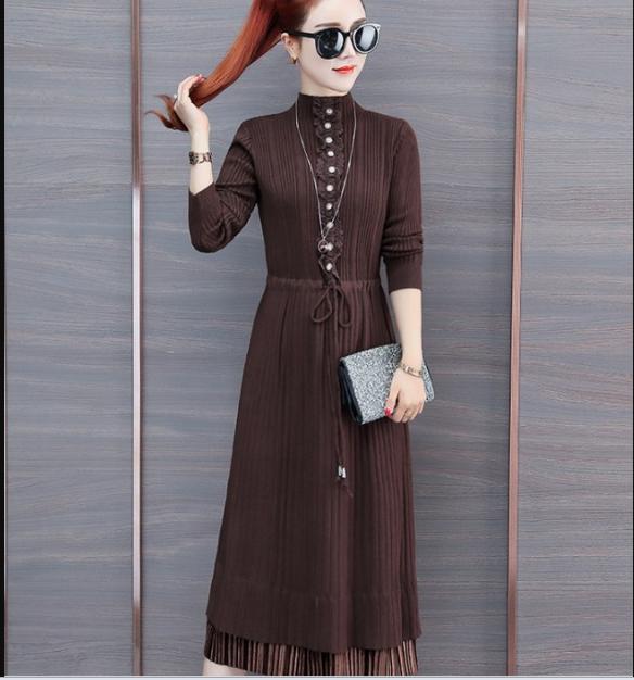 A knee-length drawstring waist-cinching knitted dress with a long semi-high neck pullover sweater and long sleeves for women
