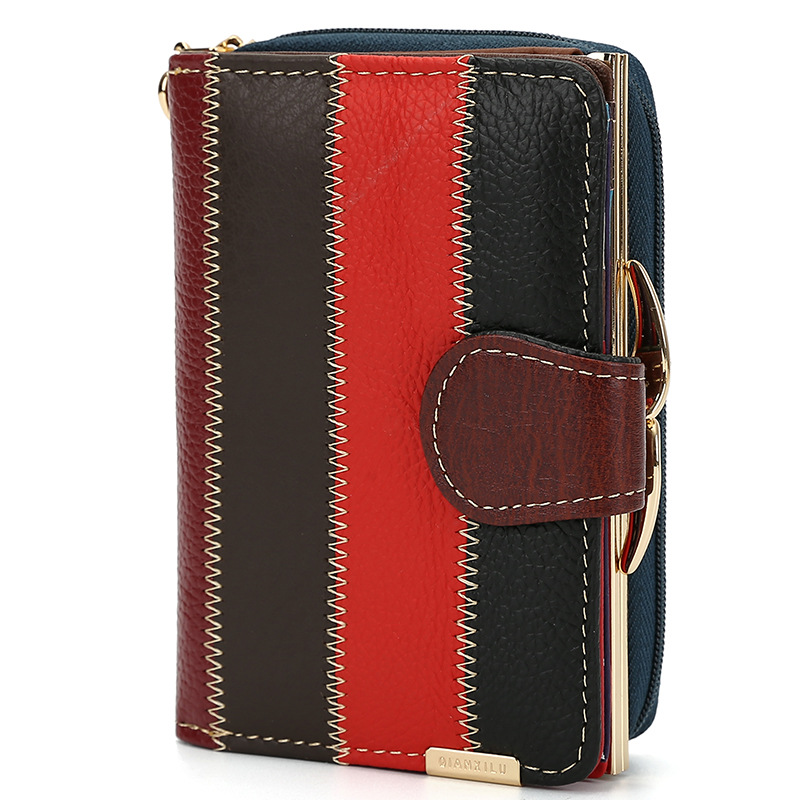 2018新款彩色女士拉链钱包搭扣零钱包真皮女士钱包撞色外贸爆款图