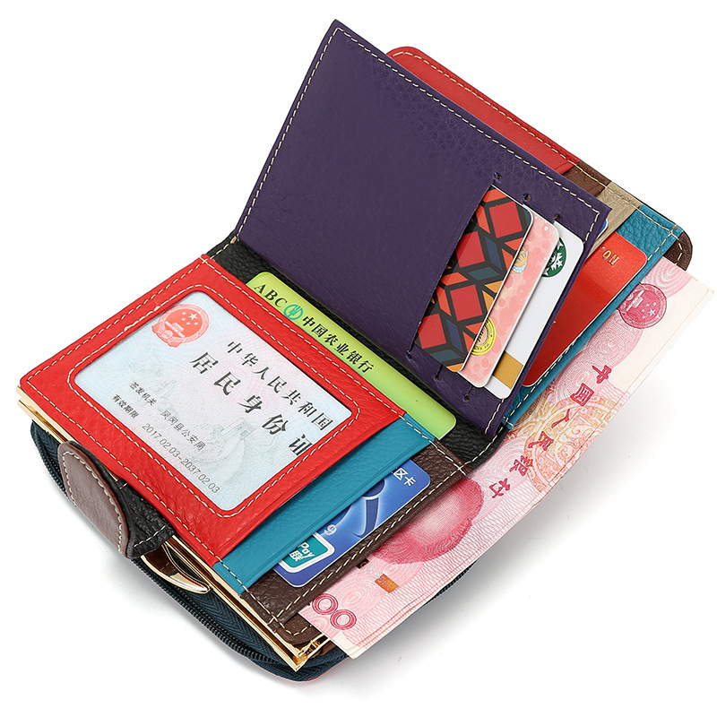 2018新款彩色女士拉链钱包搭扣零钱包真皮女士钱包撞色外贸爆款细节图