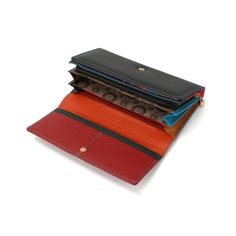 品牌真皮女士复古钱包拉链搭扣头层牛皮钱夹彩色三折长款女包包细节图