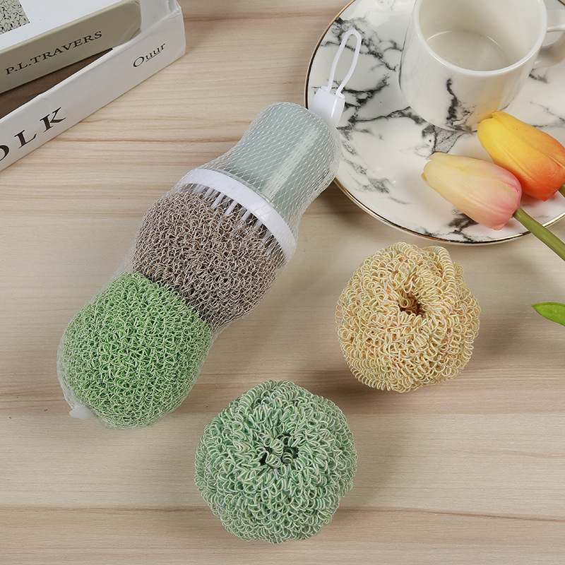 彩色纤维纤维不粘锅清洁球 厨房家用短柄清洁刷可拆卸清洁球批发