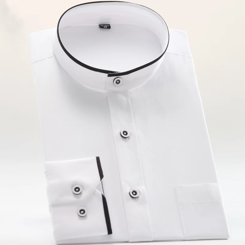 The official spring collection features a new men's stand-up collar shirt, a stylish round-neck long-sleeved business shirt with a Chinese collar and pure white color details Picture