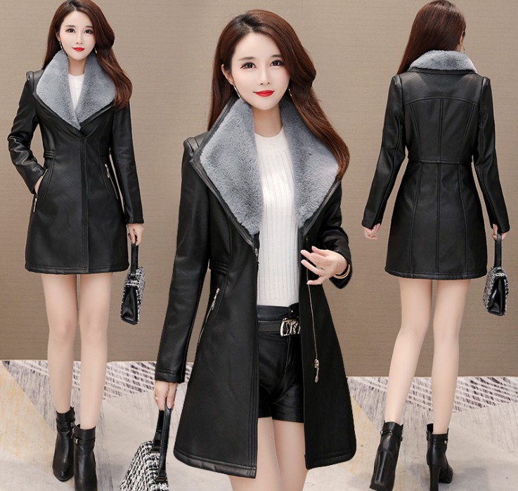 PU leather women's mid-length thickened Antarctic fur fashion fox fur lapel fur coat