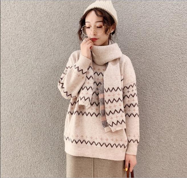 Women's striped knitwear with scarf sweater loose big size slouchy coat