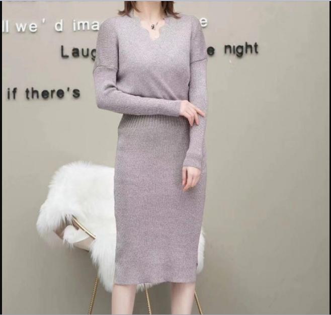 Sparkly silk dress Women's slim-fit solid color mid-length bottom-knit skirt dress
