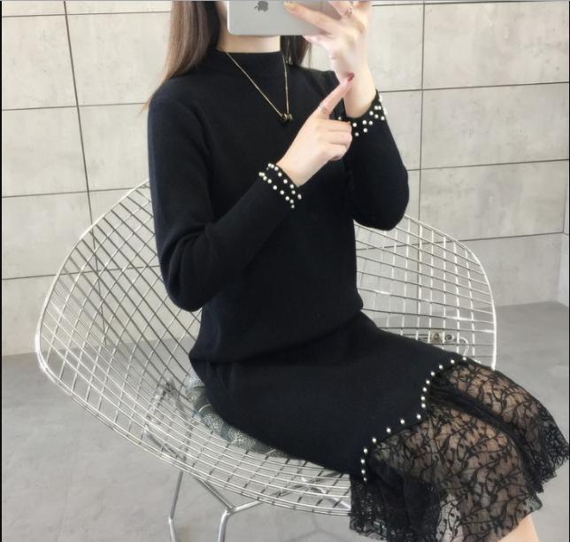 Slim-fit mesh Fairy dress Solid color beaded half-high neck mid-length coat dress