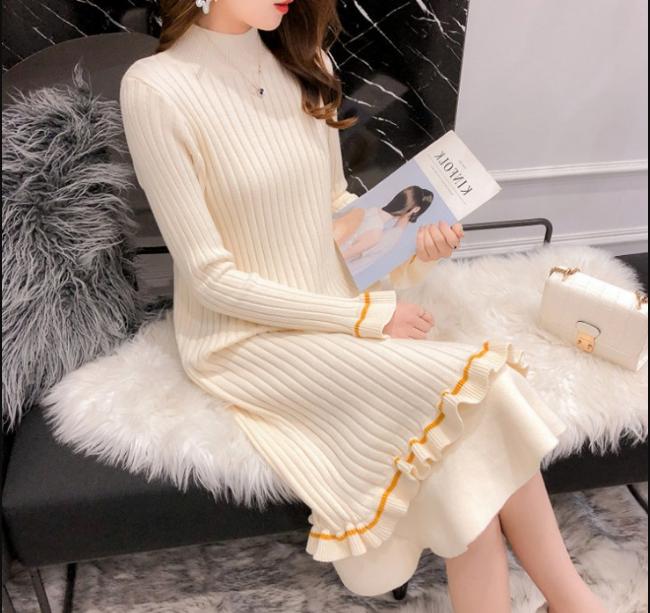 Over-the-knee dress woman long pullover sweater dress half turtleneck bottom knitwear woman