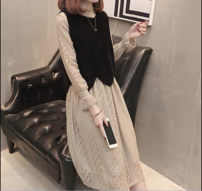 Spring women's lace dress solid color wavy lace hem sleeveless knitted vest two-piece set Specification image