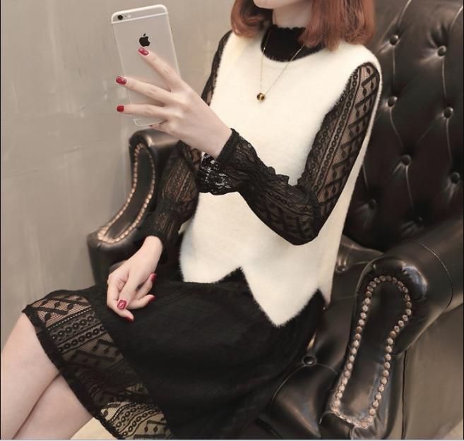 Spring women's lace dress solid color wavy lace hem sleeveless knitted vest two-piece set Application Scenario