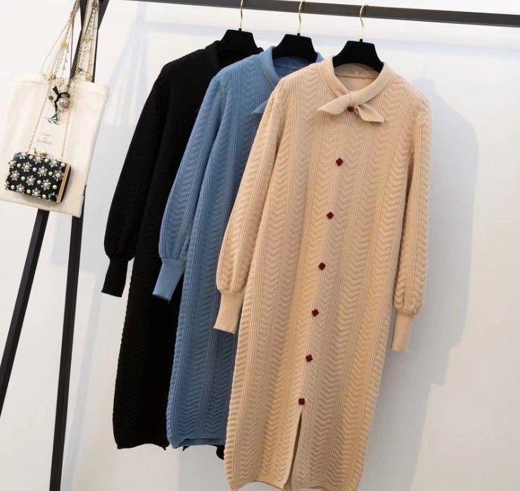 Korean version of large size foreign style knitting fashion loose mid-length over the knee sweater loose age-reducing dress