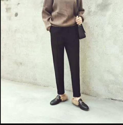 Thick woolen haren pants schoolgirl pants high-waisted casual pants rolled up small feet
