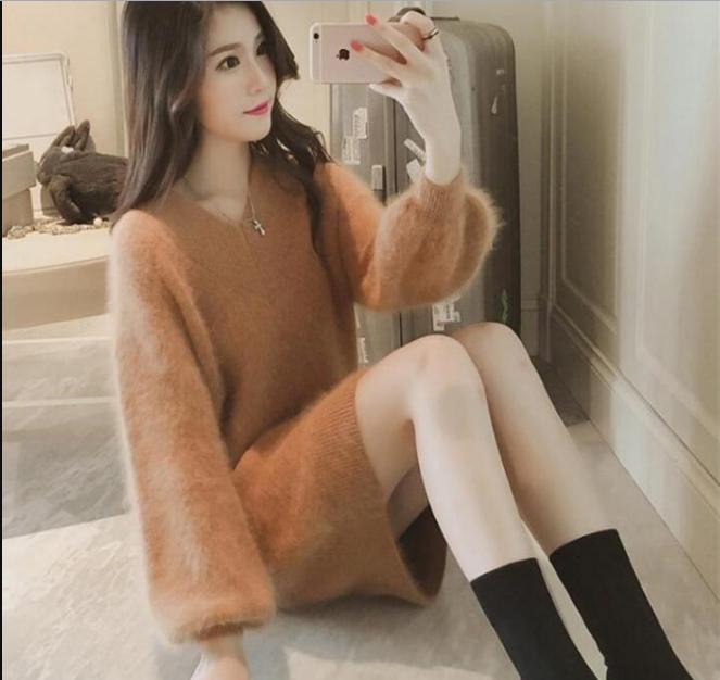 Korean version v sea horse sweater dress in long long-sleeved pullover loose bottom knit woman