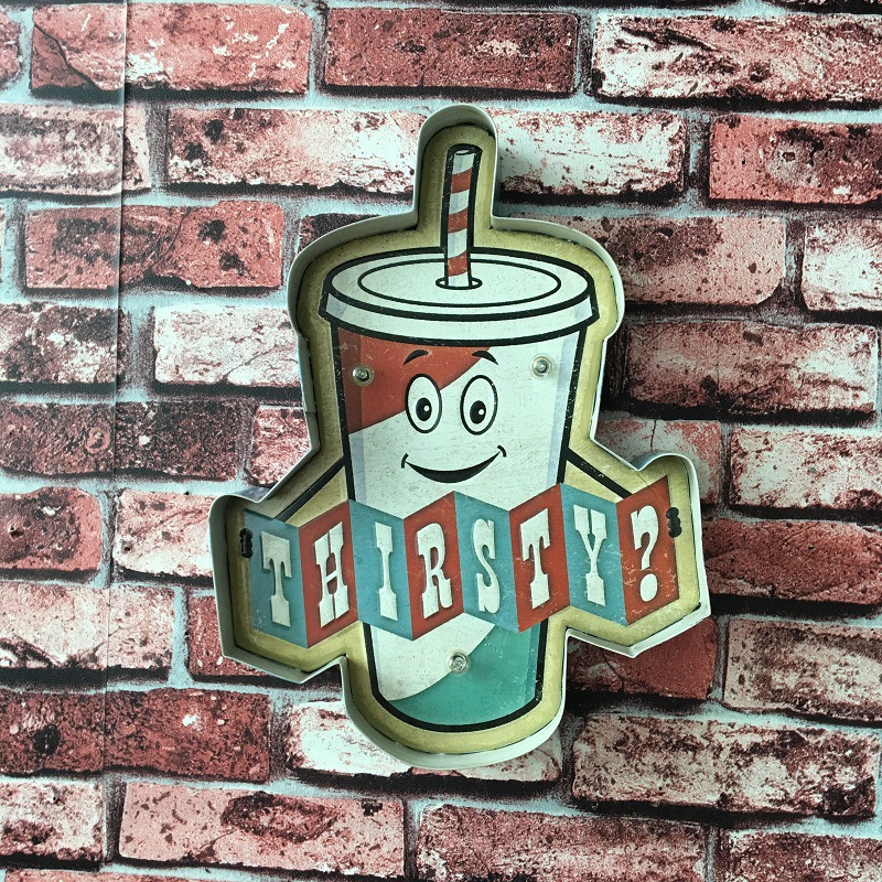 美式复古水杯铁艺壁饰LED灯指示牌酒吧服装店室内铁皮画
