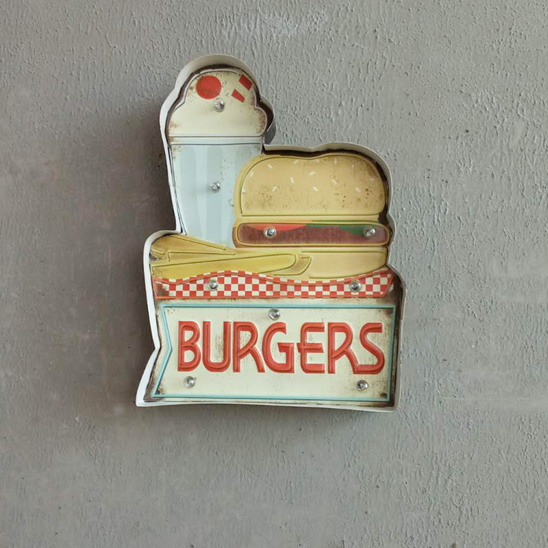 Retro LED burger wall wall wall decoration indoor bar and cafe indicator light iron painting