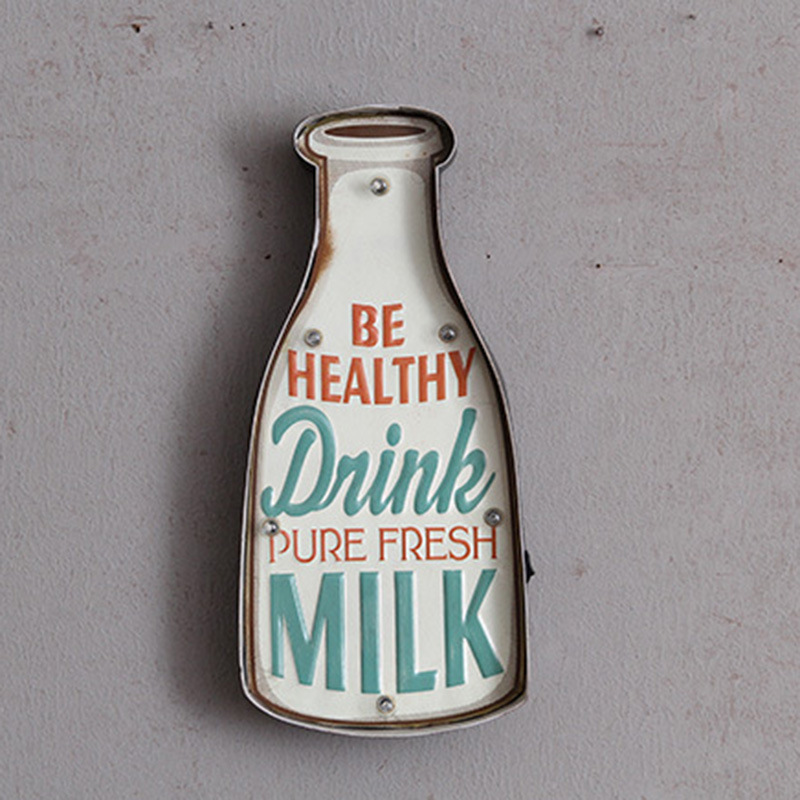 Milk bottle, iron art wall, wall decoration, LED light, coffee shop and bar special wall decoration