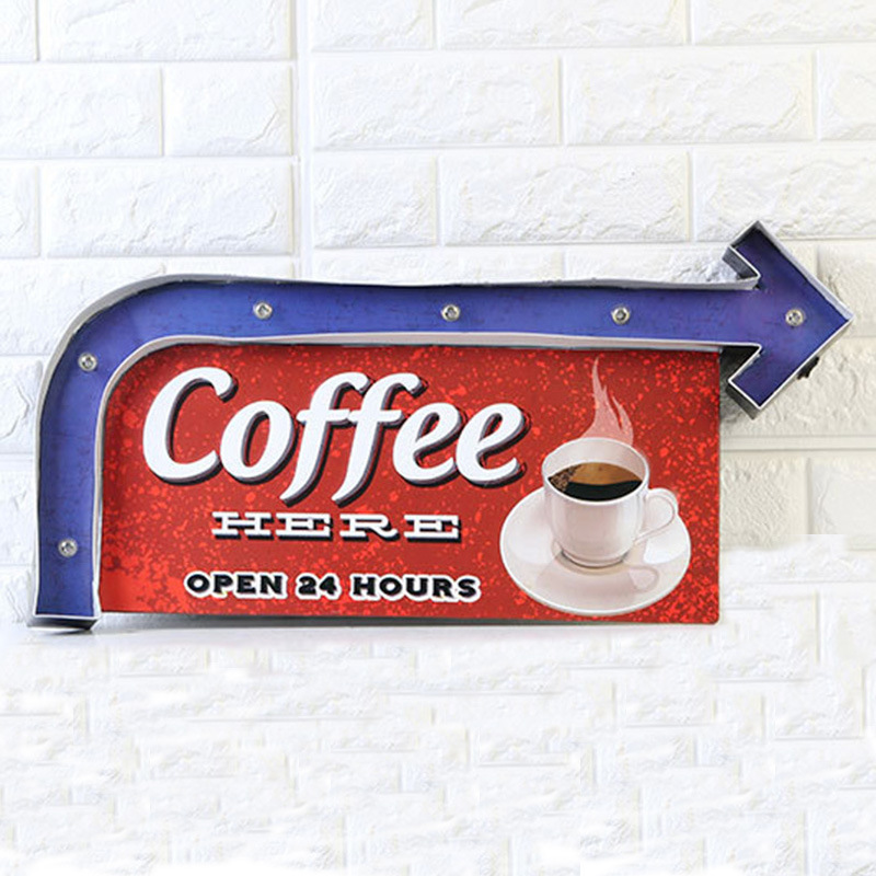 Loft Beautiful retro Coffe arrow signage LED lights cafe bar wall decoration