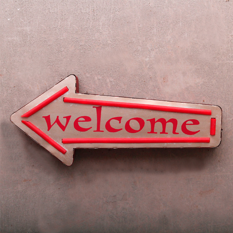 Antique iron art welcome direction sign LED lamp wall decoration personalized bar restaurant road sign decoration pendant