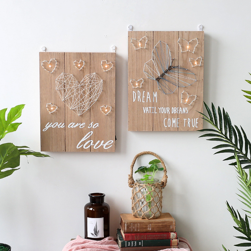 ins少女心房间火烈鸟装饰木板画网红店爱心灯北欧装饰画产品图