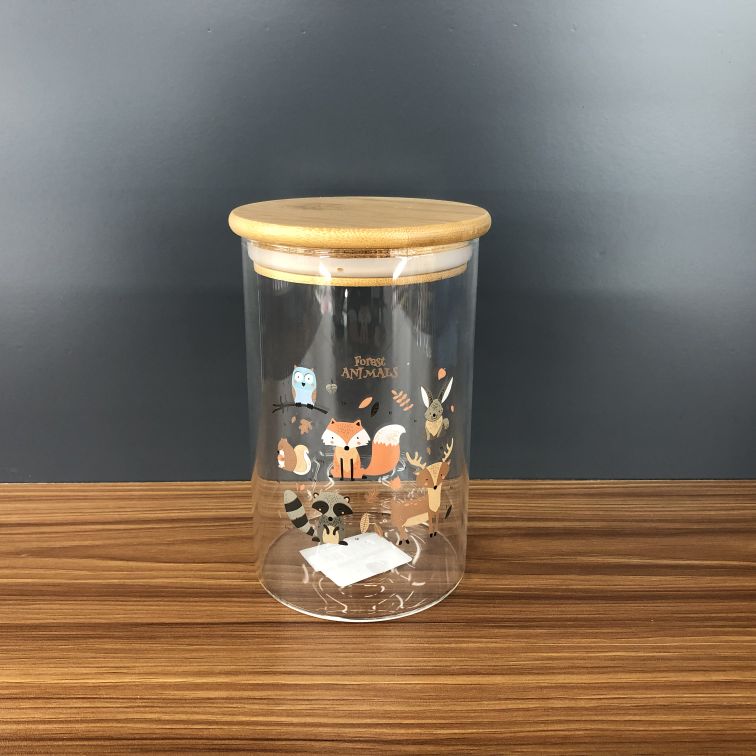 印花高硼硅玻璃制品密封罐透明储蓄罐食品家用竹盖厨房储蓄罐无铅细节图