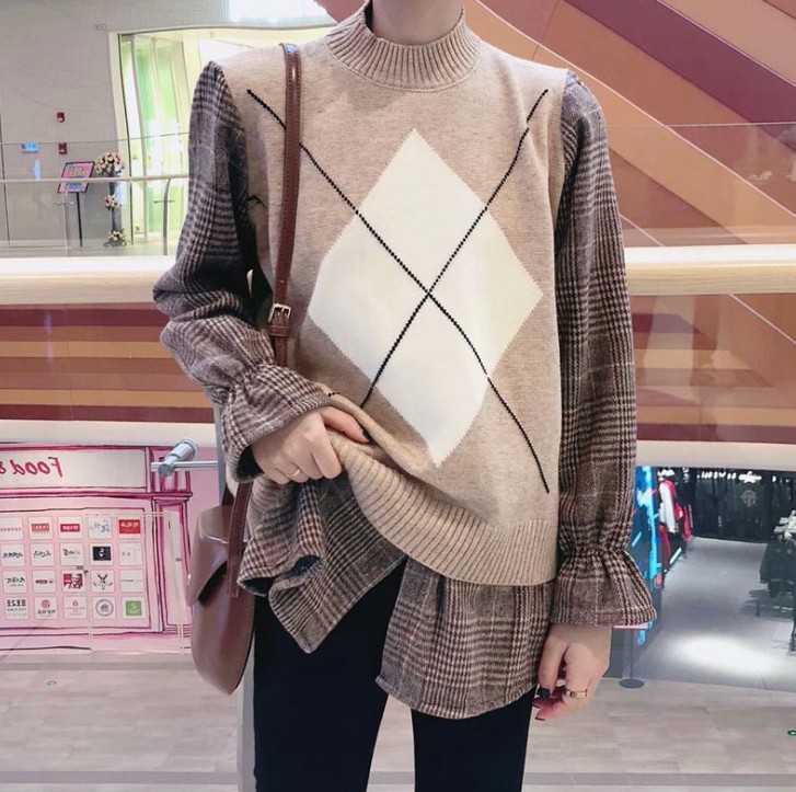 Spring vacation two patchwork diamond sweater women's coat small fresh shirt sleeve pullover sweater women