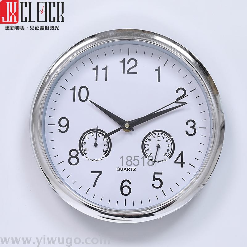 建新钟表25公分电镀带温湿度计圆形便宜挂钟木纹框夜光钟面产品图