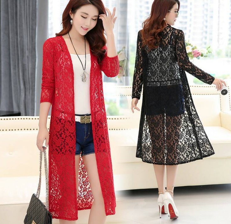 Lace sun-protective clothing for women, mid-length summer Korean-style shawl coat, thin cardigan paired with spring and autumn outerwear and beach wear