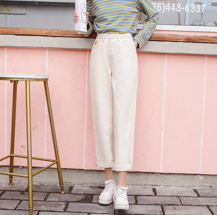 Spring high waist jeans chic loose live straight leg wide daddy nine points pants tide